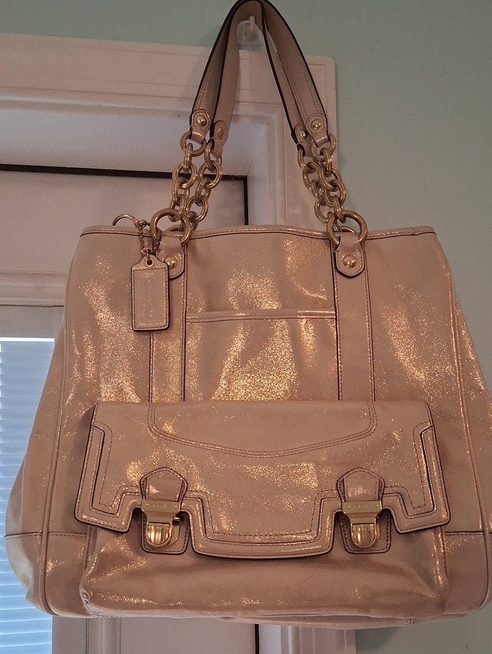 Coach Shimmery Beige Shoulder Tote with Gold Chain Handles